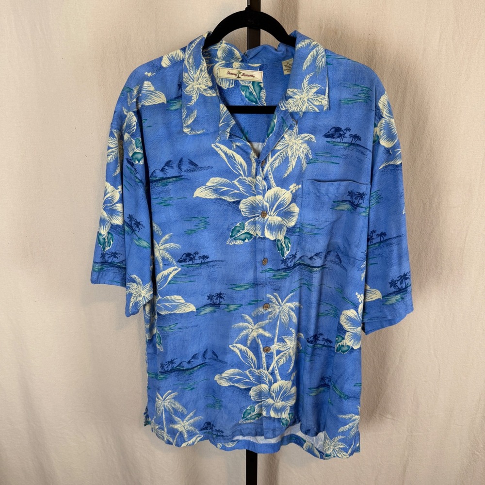 Tommy Bahama Mens XL Blue Silk Tropical Palm Hibiscus‎ Camp Shirt Short Sleeve
